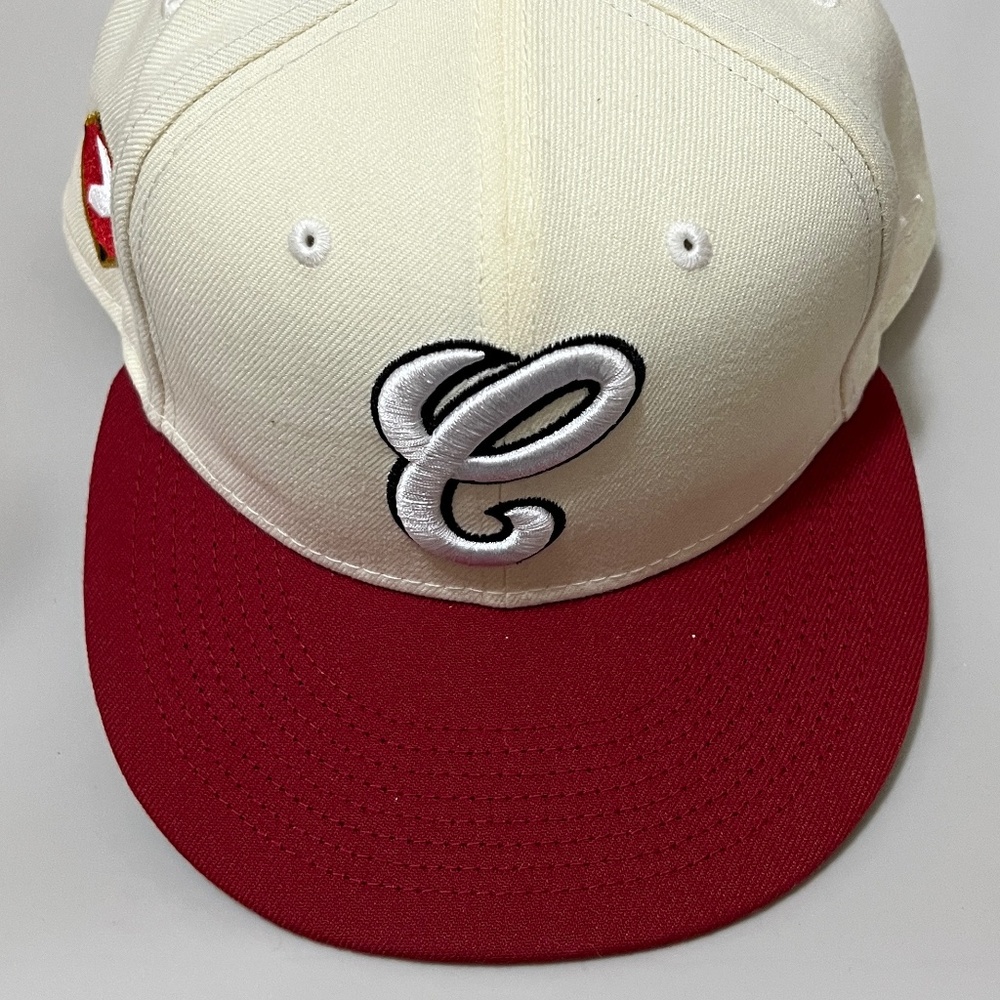 New Era Fitted Hat 7 5/8 Cream and Red 59fifty Cooperstown Collection
